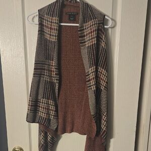 Cozy Plaid Open Front Sweater Vest - Brown and Cream